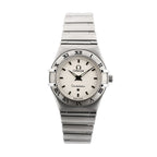Front view of Omega Constellation 1562.30.00 quartz watch with white textured dial, stainless steel case and bracelet, and Roman numeral bezel.