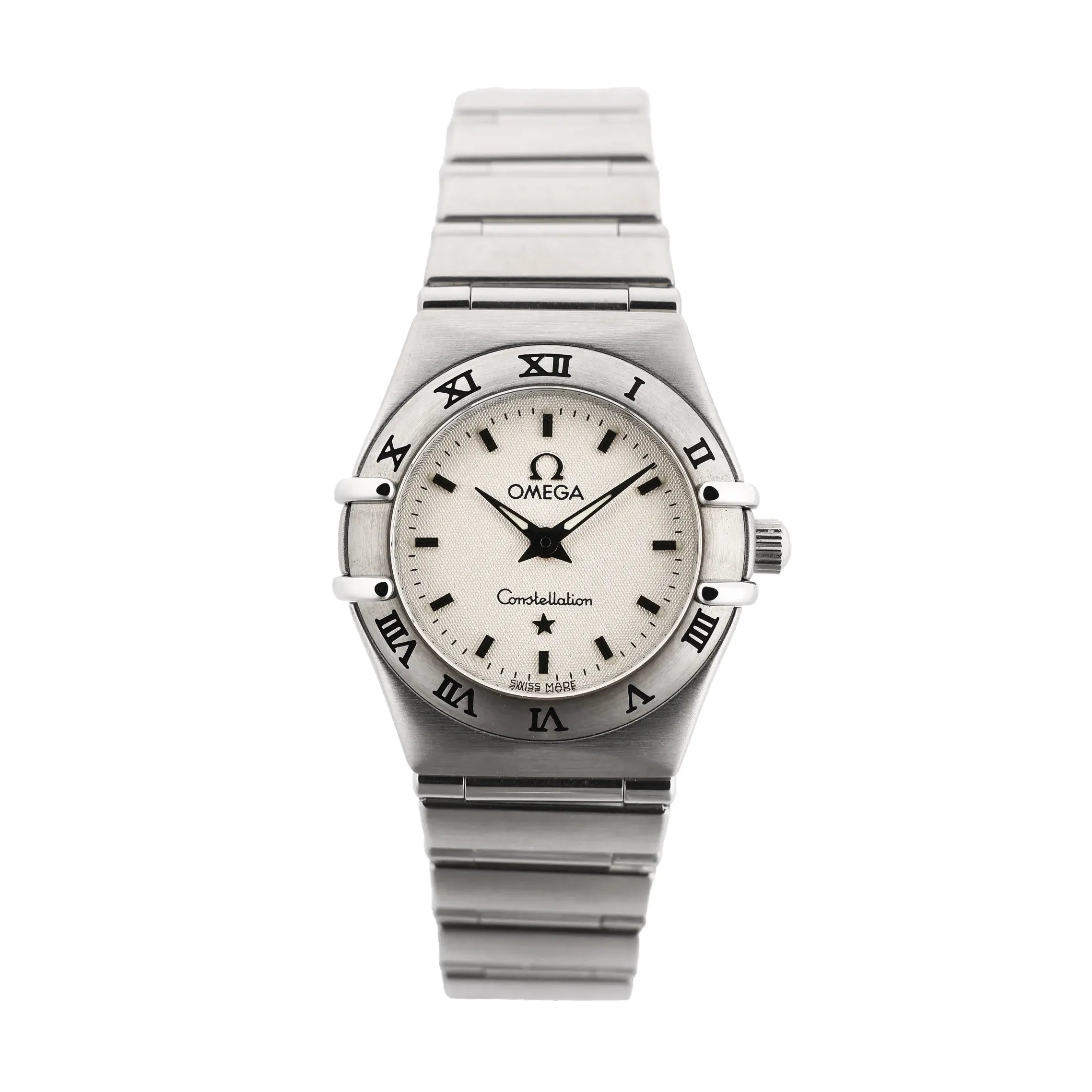 Front view of Omega Constellation 1562.30.00 quartz watch with white textured dial, stainless steel case and bracelet, and Roman numeral bezel.