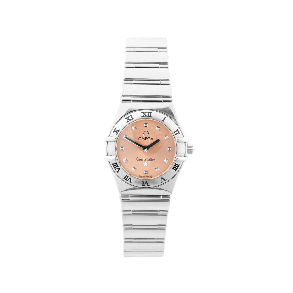 Omega Constellation My Choice stainless steel bracelet watch with a pink dial, silver pyramid hour markers, black hands, and a silver bezel with black Roman numerals, shown on a white background.