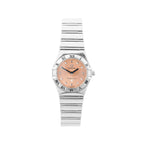 Omega Constellation My Choice stainless steel bracelet watch with a pink dial, silver pyramid hour markers, black hands, and a silver bezel with black Roman numerals, shown on a white background.