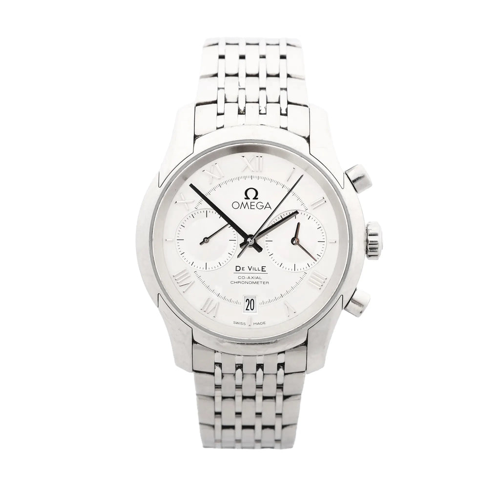 Front view of Omega De Ville Co-Axial stainless-steel watch with white dial, applied Roman numerals, two subdials, date window at 6 o’clock, and steel bracelet.