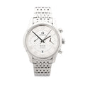 Front view of Omega De Ville Co-Axial stainless-steel watch with white dial, applied Roman numerals, two subdials, date window at 6 o’clock, and steel bracelet.