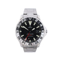 Omega Seamaster stainless steel watch with black dial, black and silver 24-hour bezel, red GMT hand and steel bracelet.