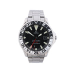 Omega Seamaster stainless steel watch with black dial, black and silver 24-hour bezel, red GMT hand and steel bracelet.