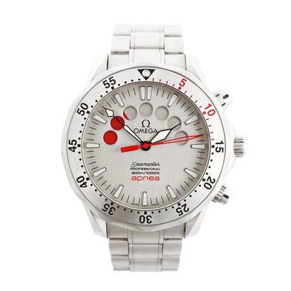 Omega Seamaster Apnea Maillol 2595.30 stainless steel watch featuring a silver dial with red and silver apnea timer circles, bold hands, and a 300m/1000ft water-resistant case on a metal bracelet.