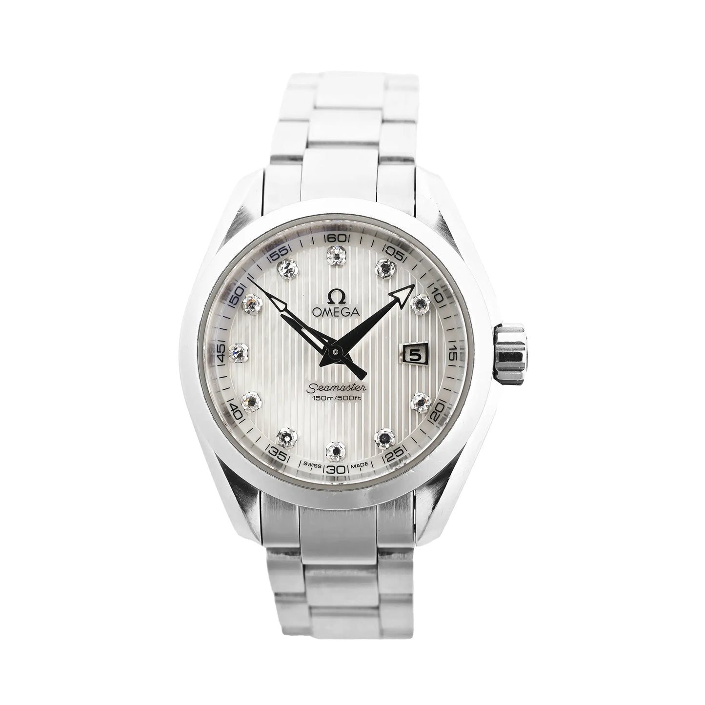 Omega Seamaster Aqua Terra 231.10.30.60.55.001 quartz watch with white mother-of-pearl dial, diamond hour markers, date window at 3 o'clock, and stainless steel bracelet, displayed on a white background.