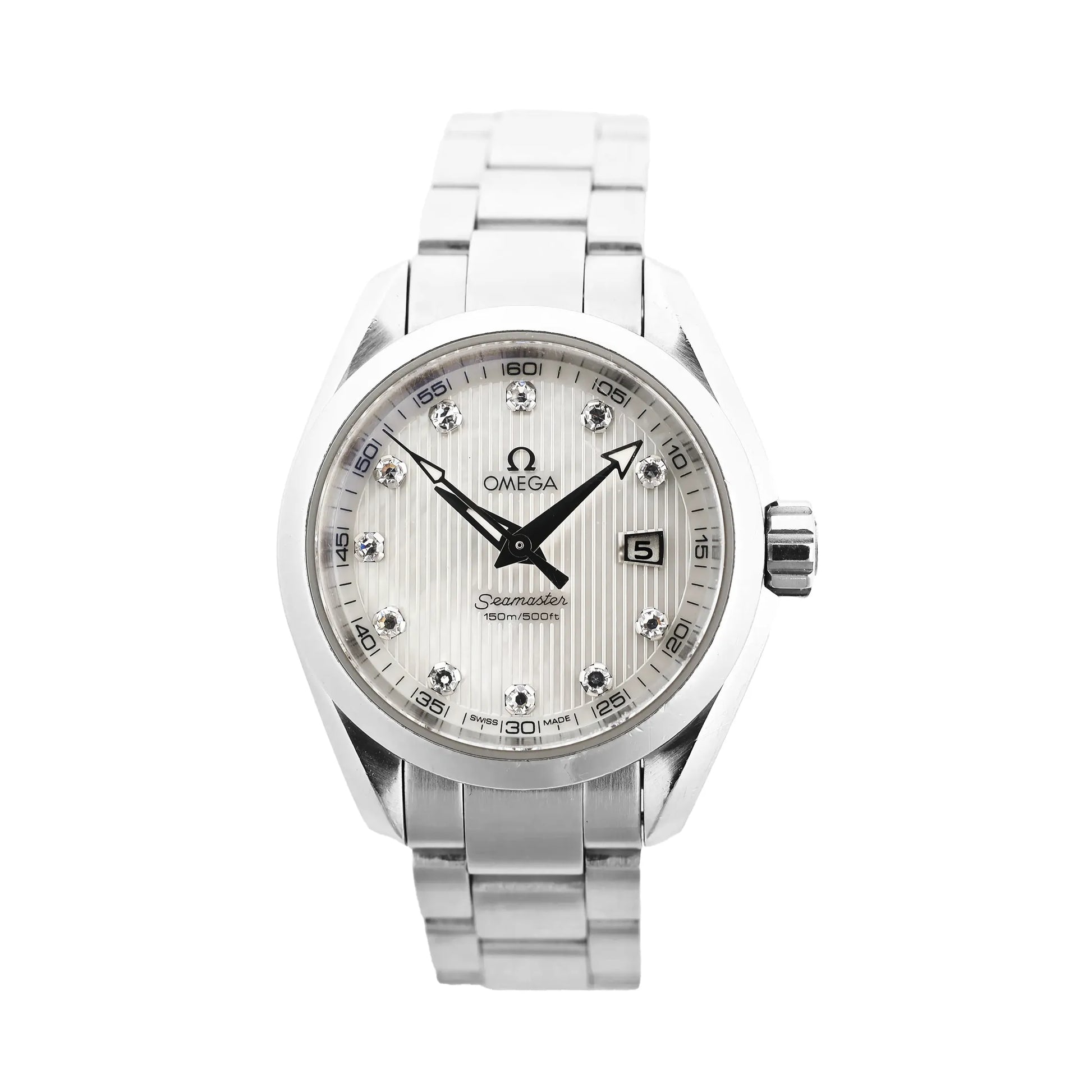 Omega Seamaster Aqua Terra 231.10.30.60.55.001 quartz watch with white mother-of-pearl dial, diamond hour markers, date window at 3 o'clock, and stainless steel bracelet, displayed on a white background.