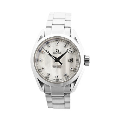 Omega Seamaster Aqua Terra 231.10.30.60.55.001 quartz watch with white mother-of-pearl dial, diamond hour markers, date window at 3 o'clock, and stainless steel bracelet, displayed on a white background.