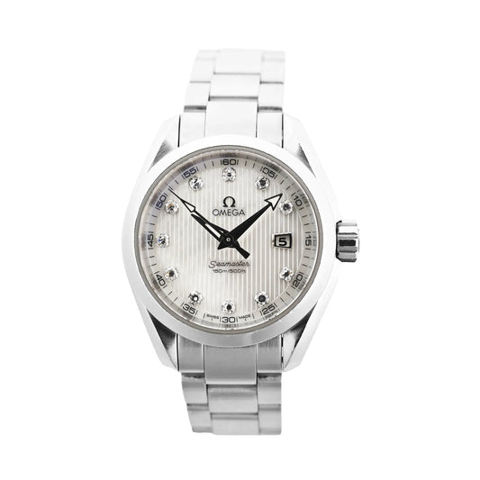 Omega Seamaster Aqua Terra 231.10.30.60.55.001 quartz watch with white mother-of-pearl dial, diamond hour markers, date window at 3 o'clock, and stainless steel bracelet, displayed on a white background.