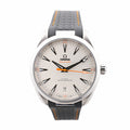 Omega Seamaster Aqua Terra Co-Axial 220.12.41.21.02.002 watch featuring a stainless steel case, silver horizontal teak-pattern dial, black and orange rubber strap, black hour markers and hands, orange seconds hand, and date window at 6 o’clock, displayed on a white background.