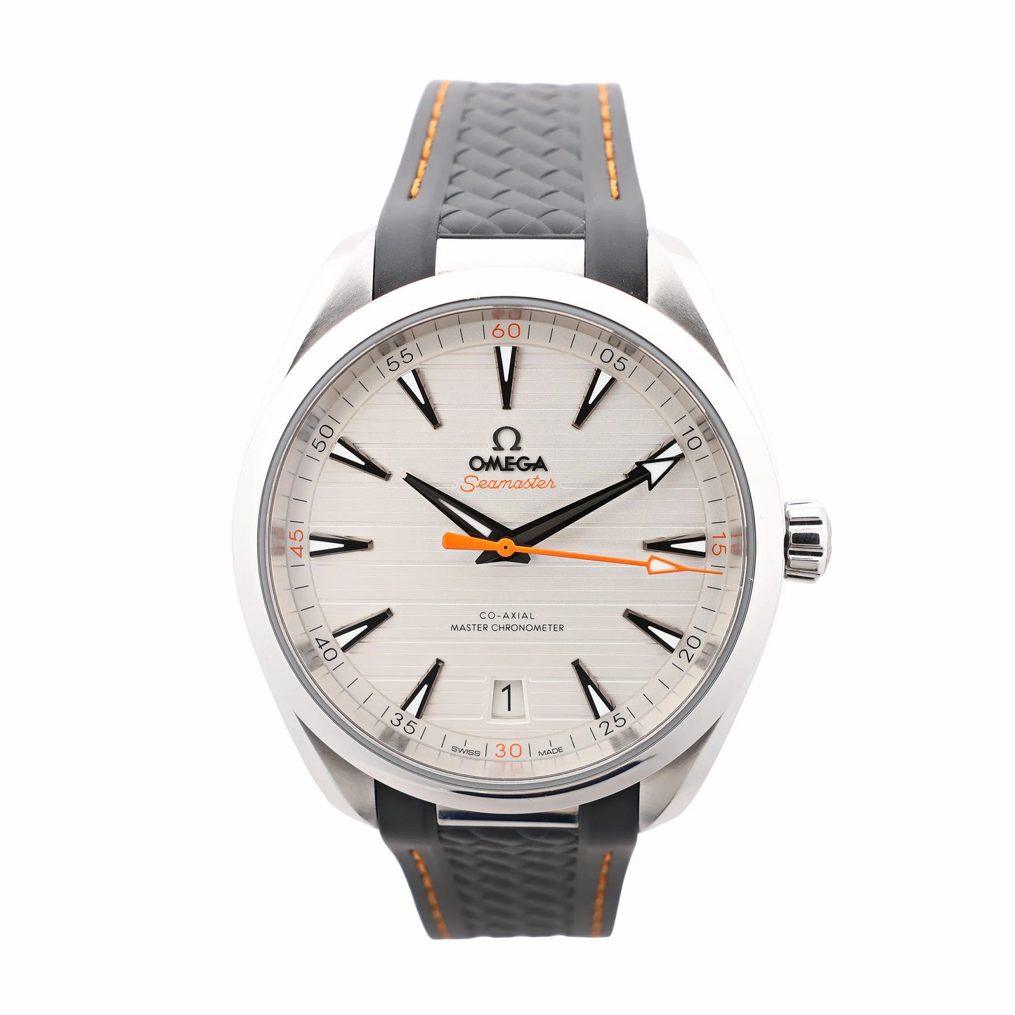 Omega Seamaster Aqua Terra Co-Axial 220.12.41.21.02.002 watch featuring a stainless steel case, silver horizontal teak-pattern dial, black and orange rubber strap, black hour markers and hands, orange seconds hand, and date window at 6 o’clock, displayed on a white background.