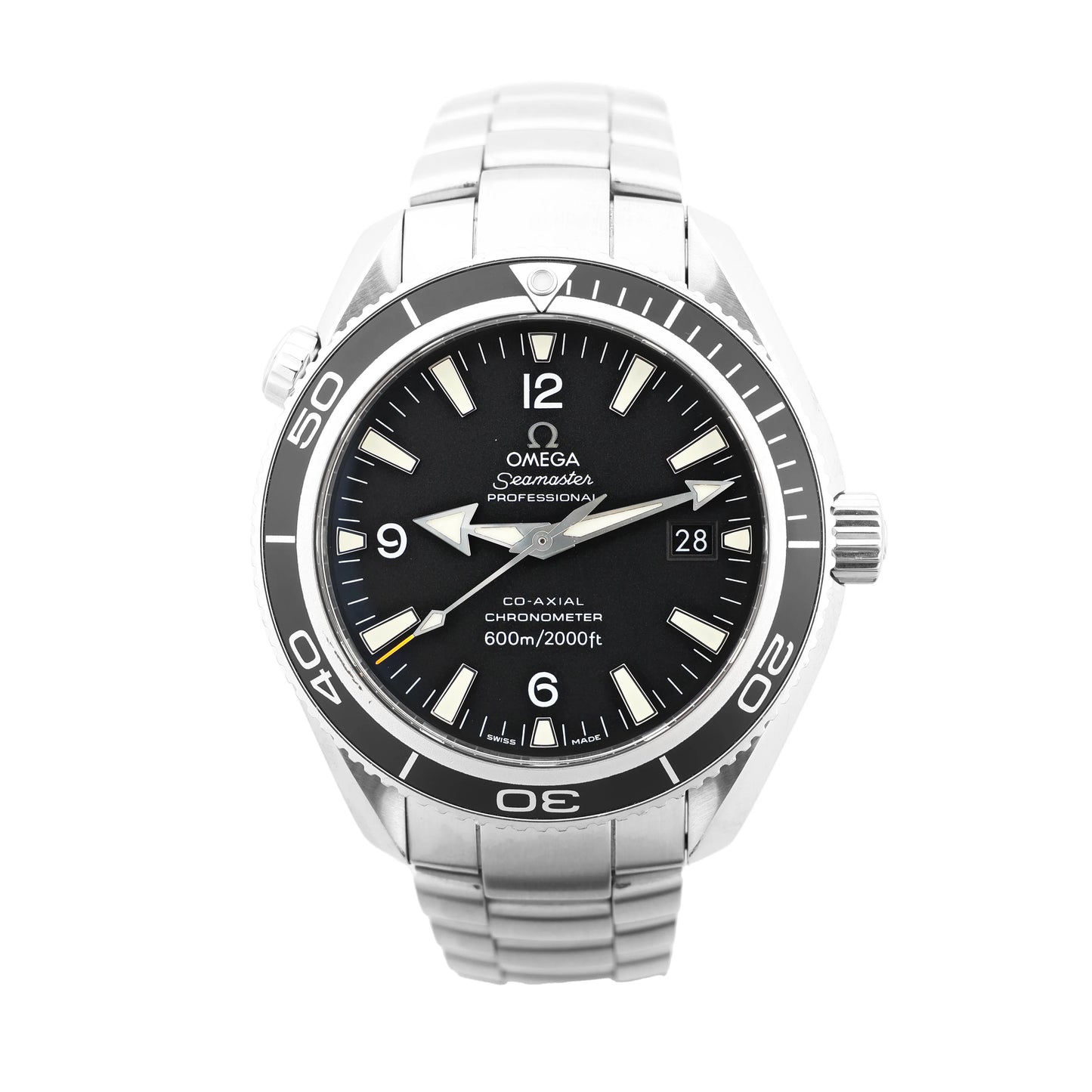 Omega Seamaster Planet Ocean 2201.50 stainless steel automatic watch featuring a black dial with luminous hour markers and hands, date window at 3 o’clock, black unidirectional bezel, and stainless steel bracelet, displayed on a white background.