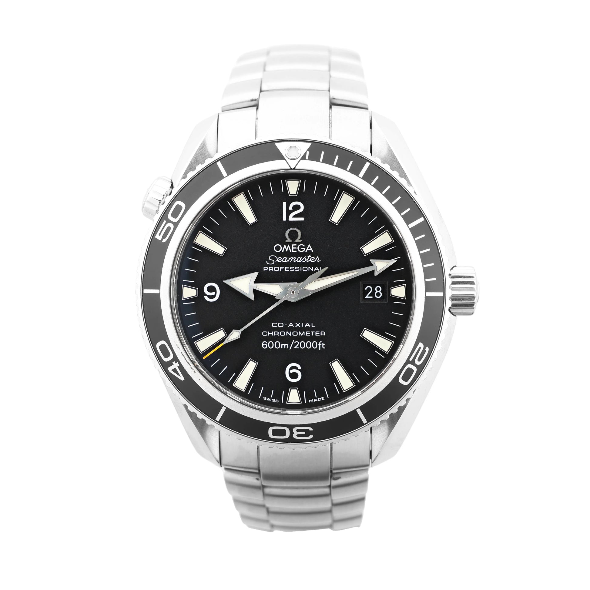 Omega Seamaster Planet Ocean 2201.50 stainless steel automatic watch featuring a black dial with luminous hour markers and hands, date window at 3 o’clock, black unidirectional bezel, and stainless steel bracelet, displayed on a white background.