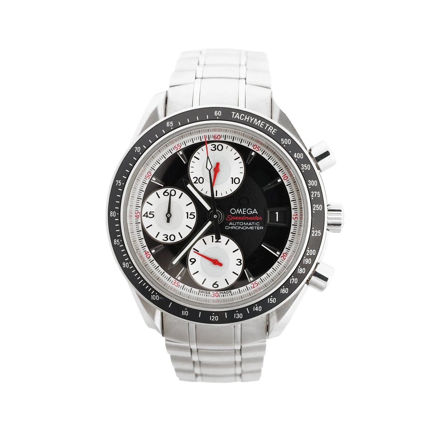 Omega Speedmaster 3210.51 stainless steel watch featuring a black dial with three white subdials, red accents, tachymeter bezel, and link bracelet.