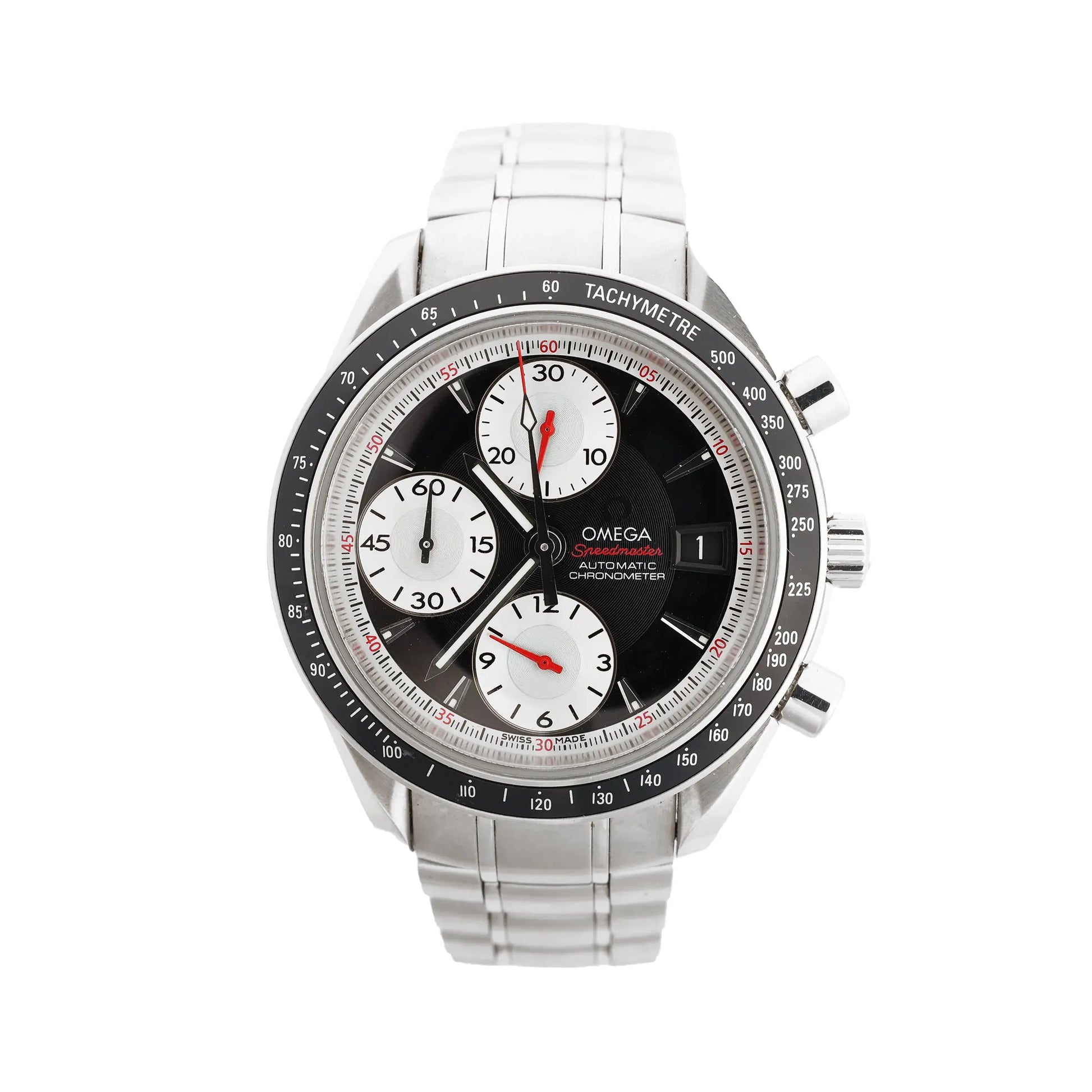 Omega Speedmaster 3210.51 stainless steel watch featuring a black dial with three white subdials, red accents, tachymeter bezel, and link bracelet.