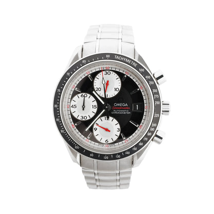 Omega Speedmaster 3210.51 stainless steel watch featuring a black dial with three white subdials, red accents, tachymeter bezel, and link bracelet.