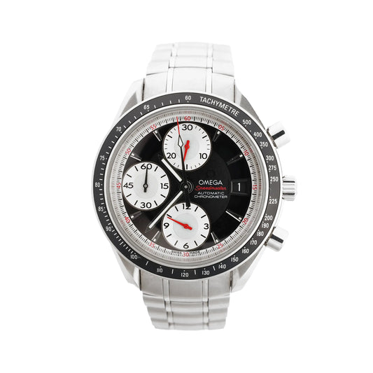 Omega Speedmaster 3210.51 stainless steel watch featuring a black dial with three white subdials, red accents, tachymeter bezel, and link bracelet.