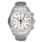 Omega Speedmaster 3211.32 men's watch with a silver dial, black hour markers, three sub-dials, date window at 3 o'clock, tachymeter bezel, and stainless steel bracelet.