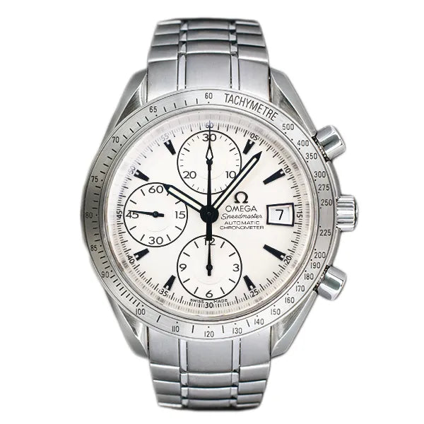 Omega Speedmaster 3211.32 men's watch with a silver dial, black hour markers, three sub-dials, date window at 3 o'clock, tachymeter bezel, and stainless steel bracelet.