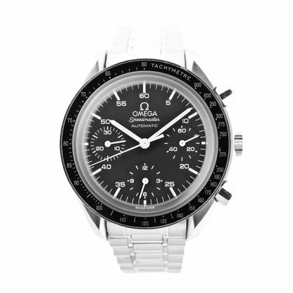 Front-facing view of an Omega Speedmaster 3510.50 watch featuring a black dial, three chronograph sub-dials, tachymeter bezel, and stainless steel bracelet. The dial is marked with white hour indices and hands.