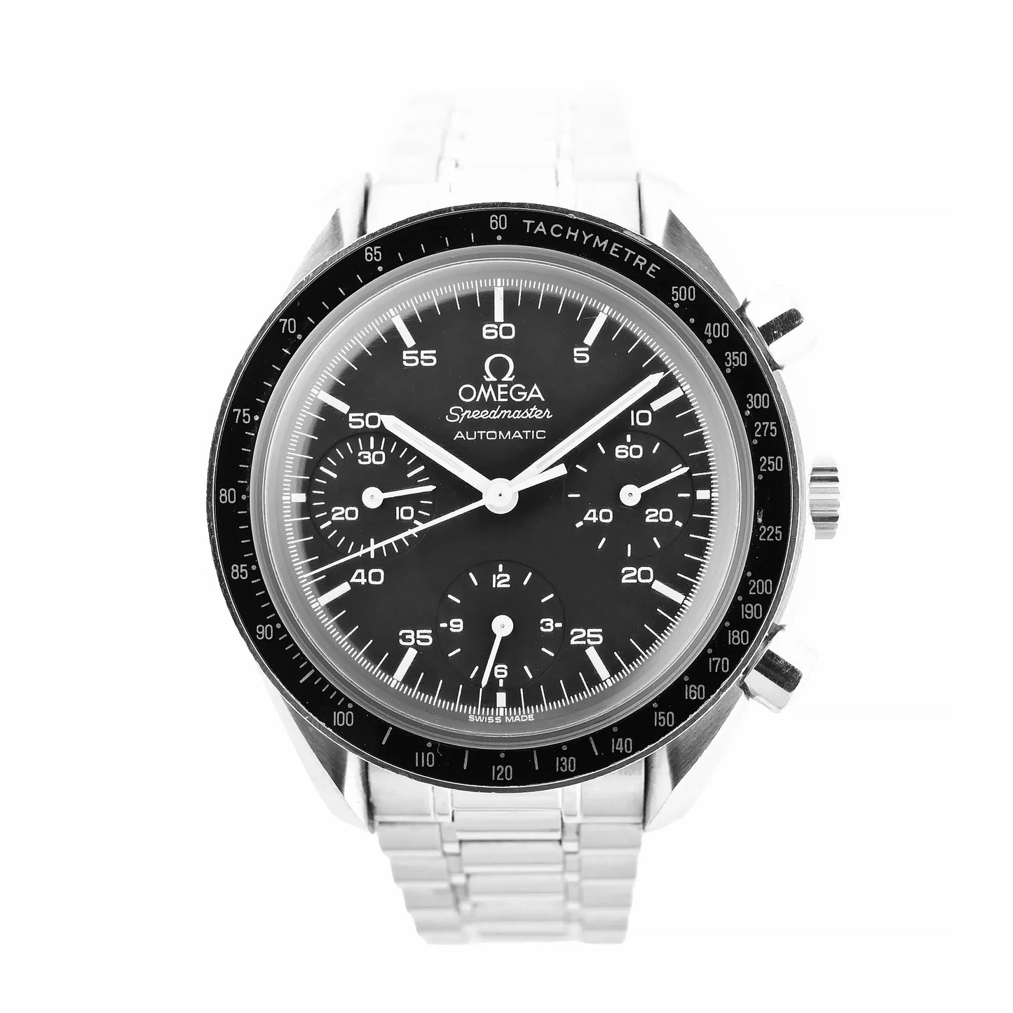 Front-facing view of an Omega Speedmaster 3510.50 watch featuring a black dial, three chronograph sub-dials, tachymeter bezel, and stainless steel bracelet. The dial is marked with white hour indices and hands.