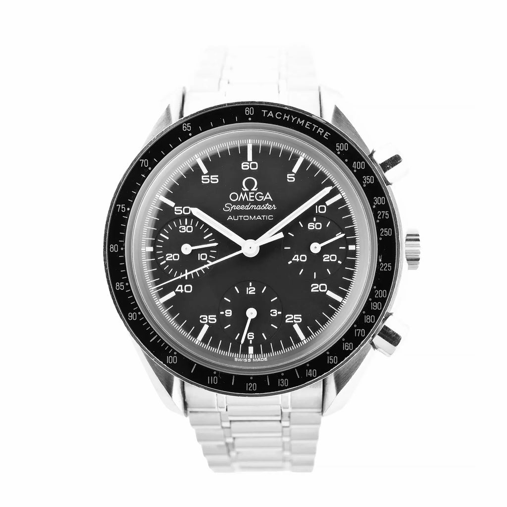 Front-facing view of an Omega Speedmaster 3510.50 watch featuring a black dial, three chronograph sub-dials, tachymeter bezel, and stainless steel bracelet. The dial is marked with white hour indices and hands.