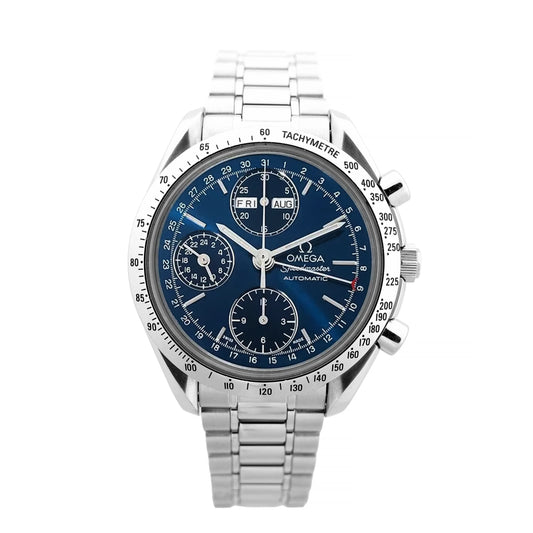 Omega Speedmaster 3521.80 stainless steel automatic watch featuring a navy blue dial with three chronograph subdials, day and date display, silver hour markers and hands, tachymeter bezel, and stainless steel bracelet, displayed on a white background.