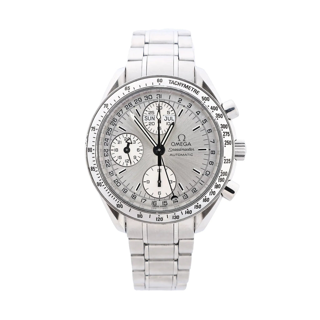 Omega Speedmaster stainless steel chronograph watch with silver dial, three subdials, day-date display, tachymeter bezel and metal bracelet.