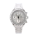 Omega Speedmaster stainless steel chronograph watch with silver dial, three subdials, day-date display, tachymeter bezel and metal bracelet.