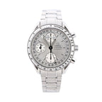 Omega Speedmaster stainless steel chronograph watch with silver dial, three subdials, day-date display, tachymeter bezel and metal bracelet.