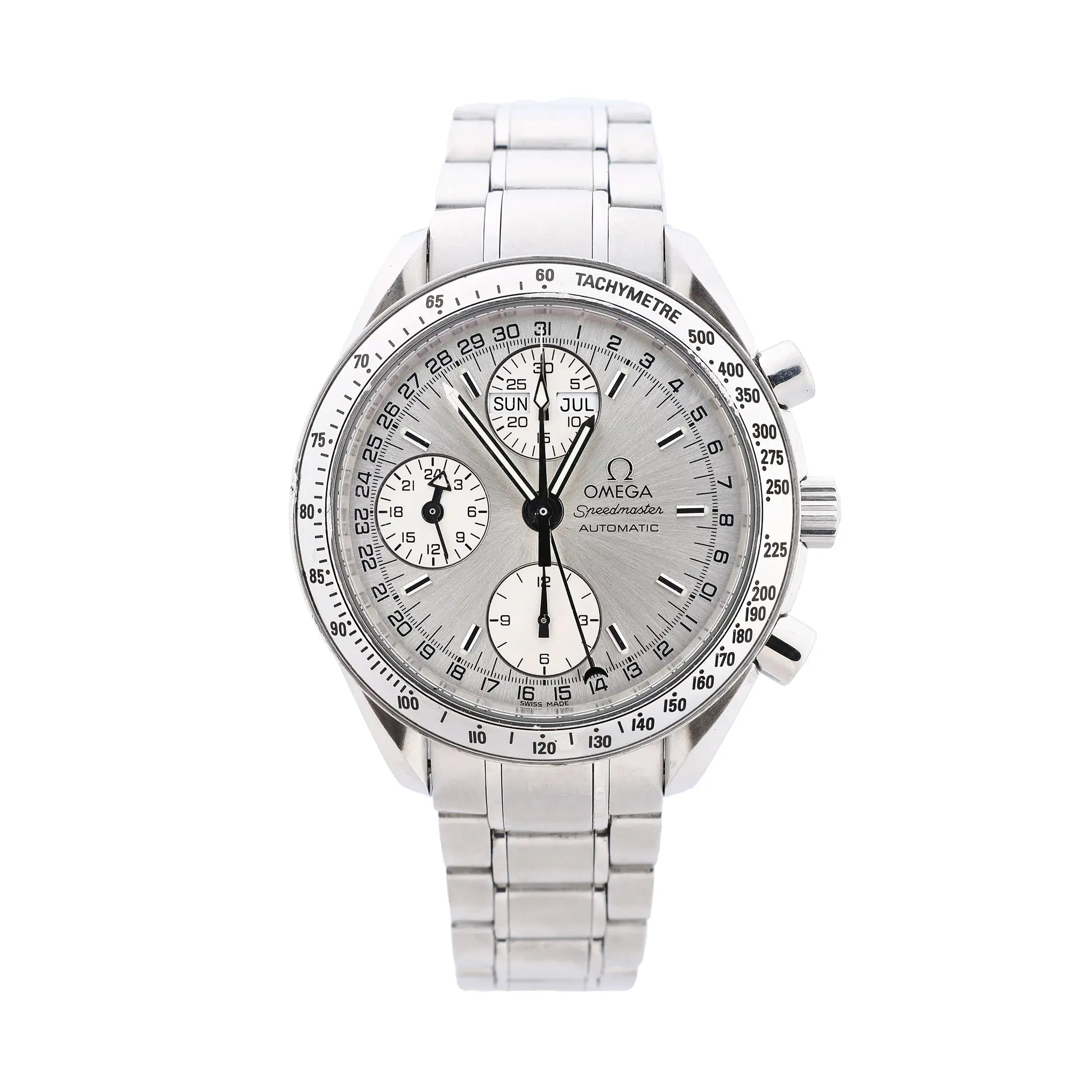 Omega Speedmaster stainless steel chronograph watch with silver dial, three subdials, day-date display, tachymeter bezel and metal bracelet.