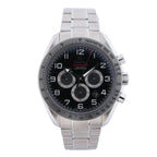 Omega Speedmaster Broad Arrow stainless steel watch with black chronograph dial, three subdials, tachymeter bezel and metal bracelet.