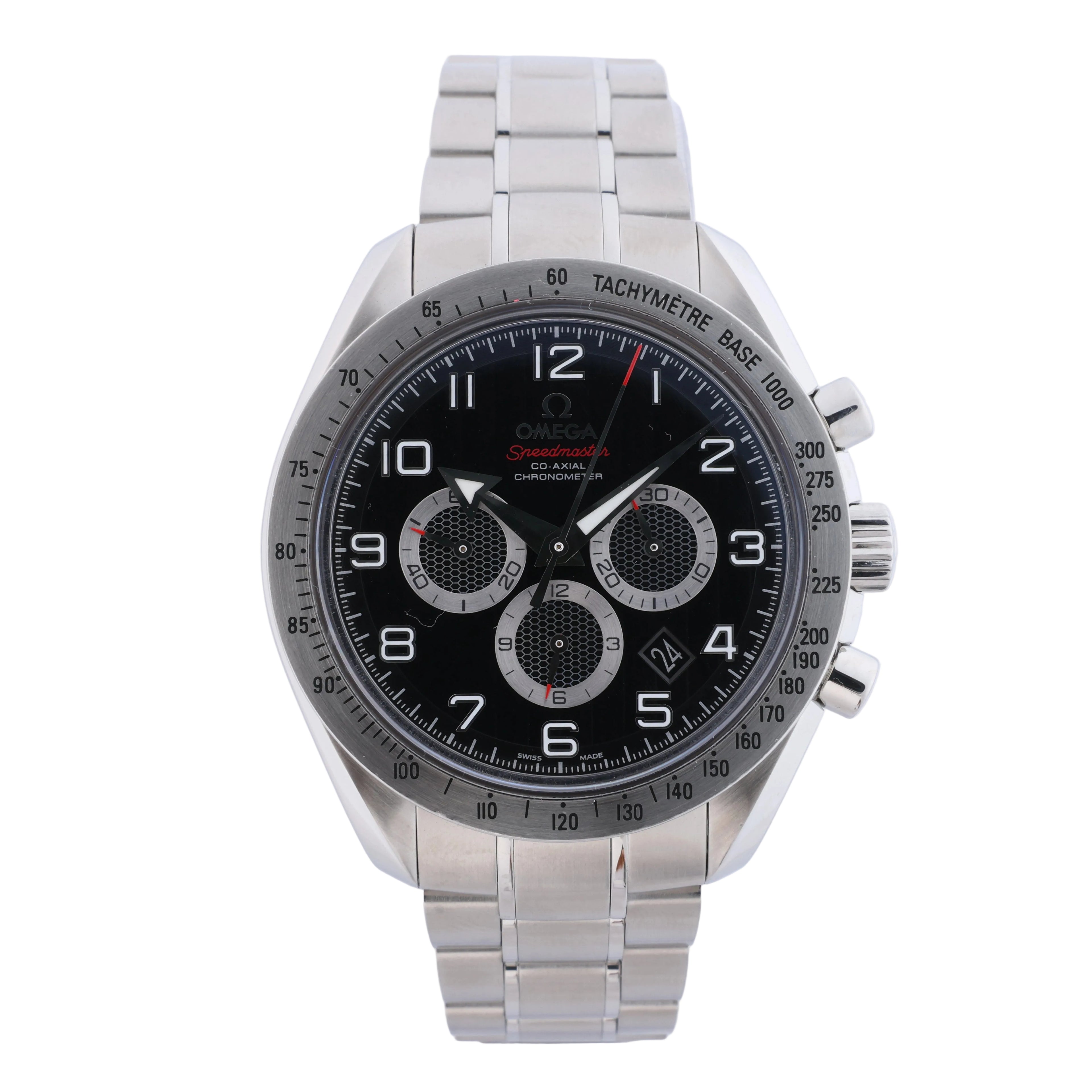 Omega Speedmaster Broad Arrow stainless steel watch with black chronograph dial, three subdials, tachymeter bezel and metal bracelet.