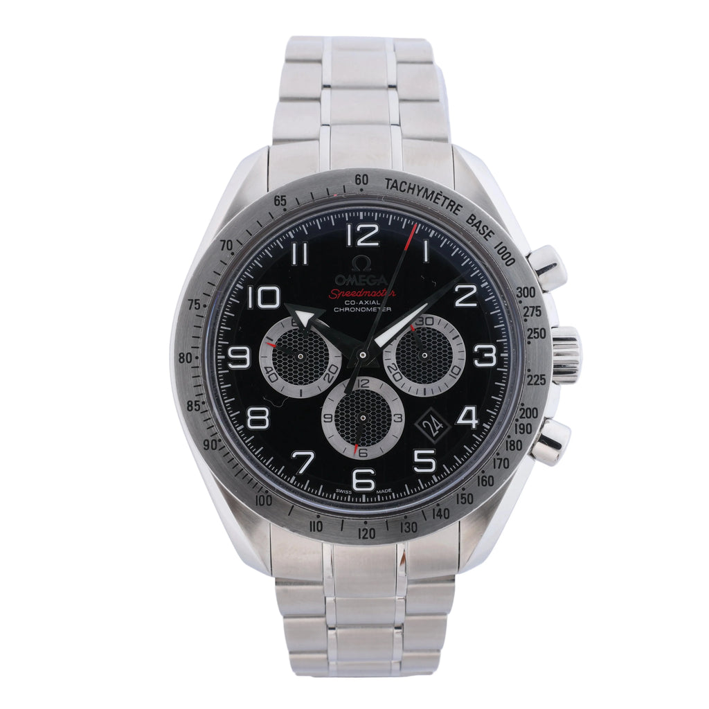 Omega Speedmaster Broad Arrow stainless steel watch with black chronograph dial, three subdials, tachymeter bezel and metal bracelet.