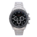 Omega Speedmaster Broad Arrow stainless steel watch with black chronograph dial, three subdials, tachymeter bezel and metal bracelet.