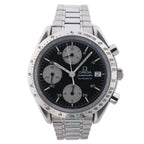 Omega Speedmaster stainless steel chronograph watch with black dial, three silver subdials, tachymeter bezel and metal bracelet.