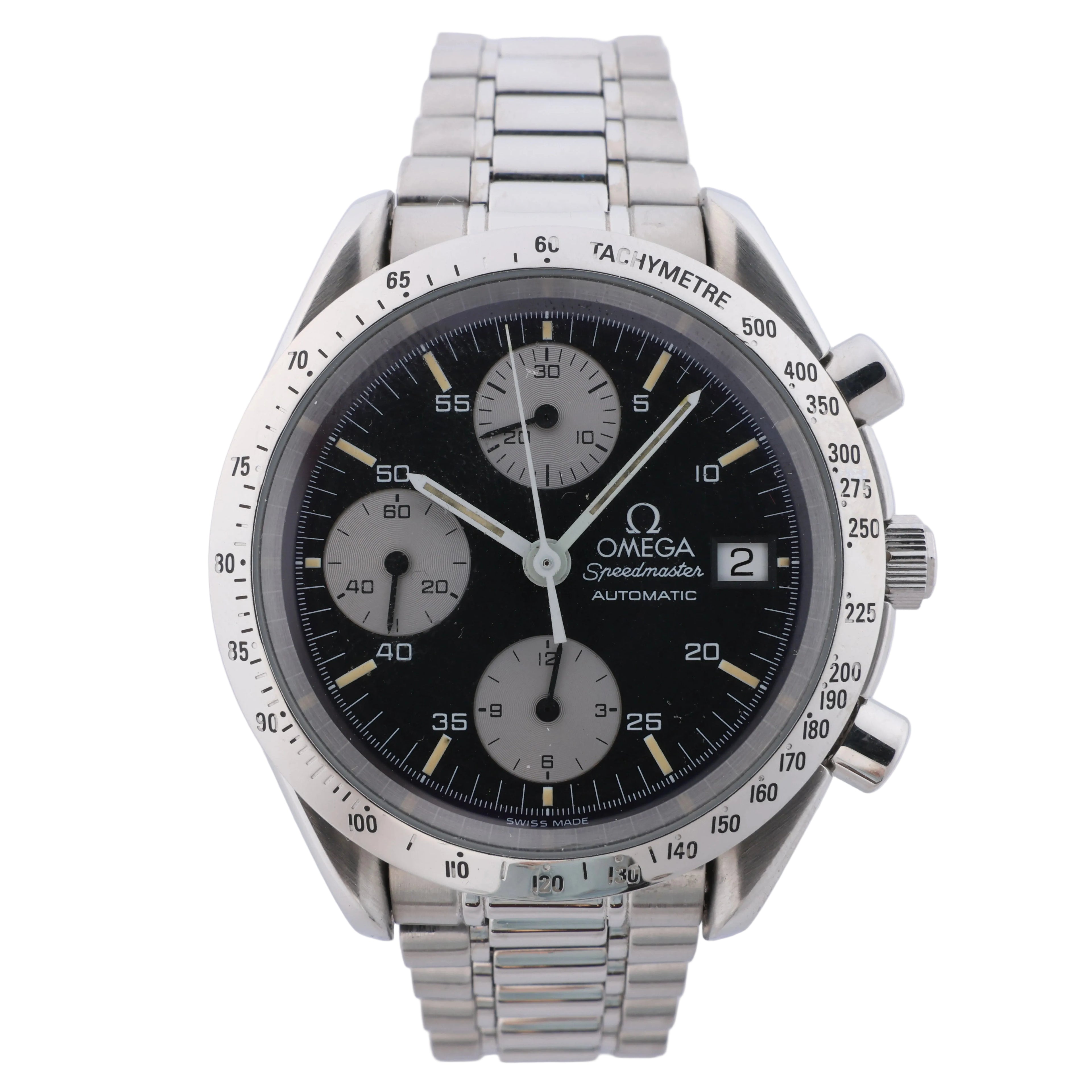 Omega Speedmaster stainless steel chronograph watch with black dial, three silver subdials, tachymeter bezel and metal bracelet.