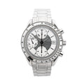 Omega Speedmaster Date Chronograph watch with silver dial, three subdials, tachymetre bezel, date window and stainless steel bracelet.