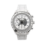 Omega Speedmaster Date Chronograph watch with silver dial, three subdials, tachymetre bezel, date window and stainless steel bracelet.