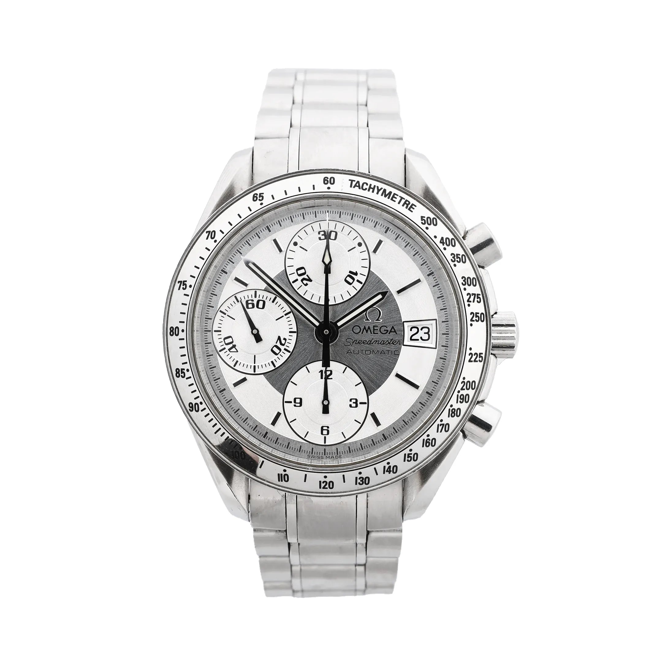 Omega Speedmaster Date Chronograph watch with silver dial, three subdials, tachymetre bezel, date window and stainless steel bracelet.