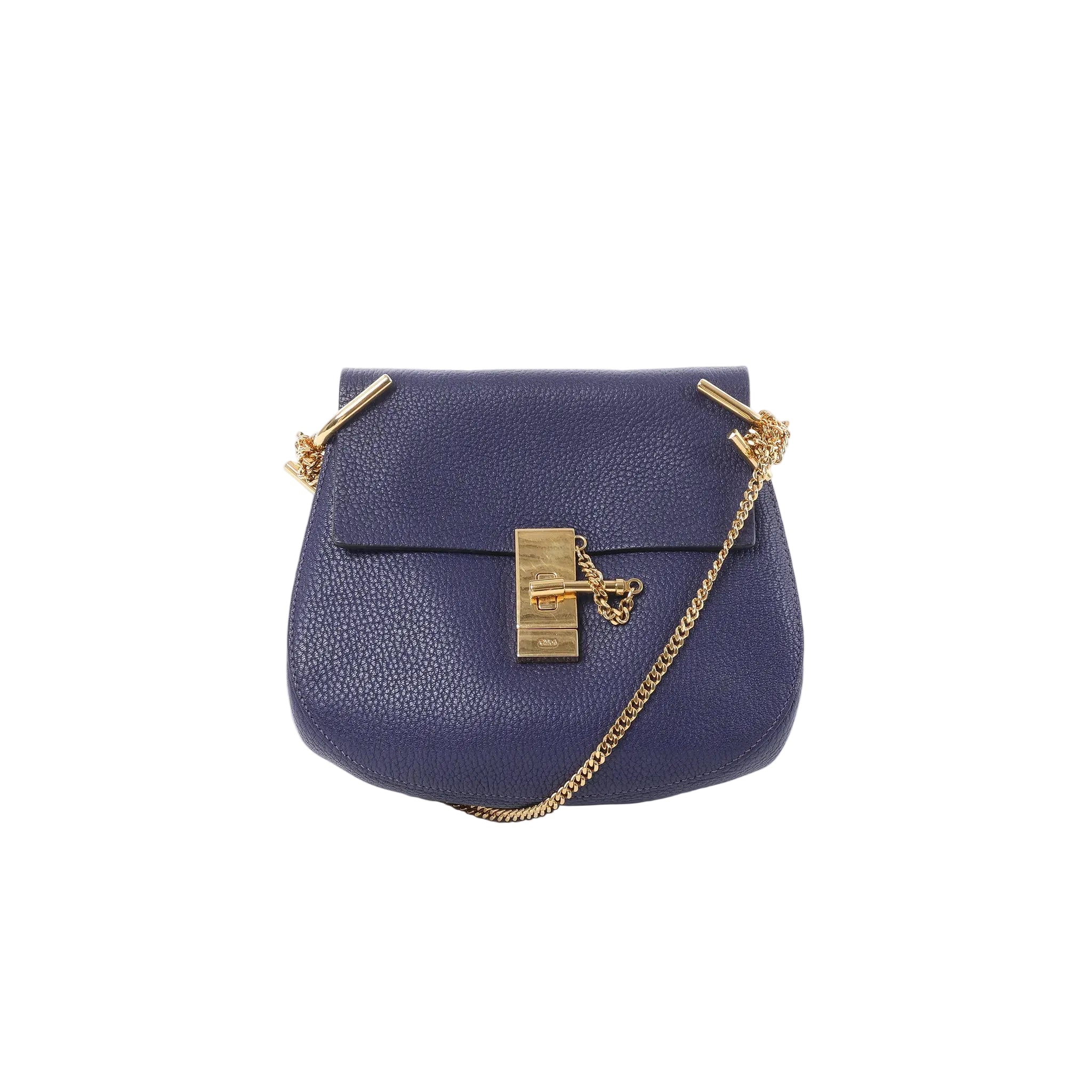 Chloé Drew navy blue pebbled leather crossbody bag with gold-tone lock closure and gold chain strap, front view on white background