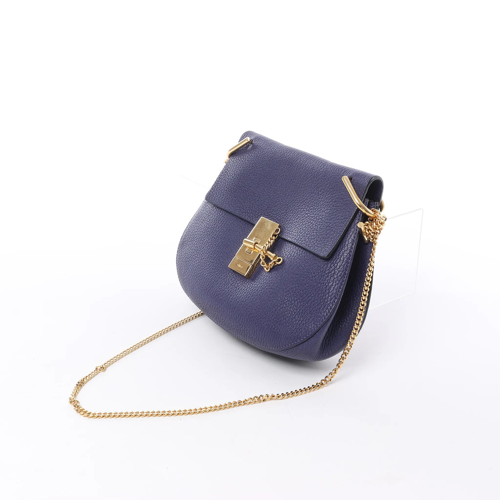 Chloe Drew Leather Chain Crossbody Bag in Navy Blue
