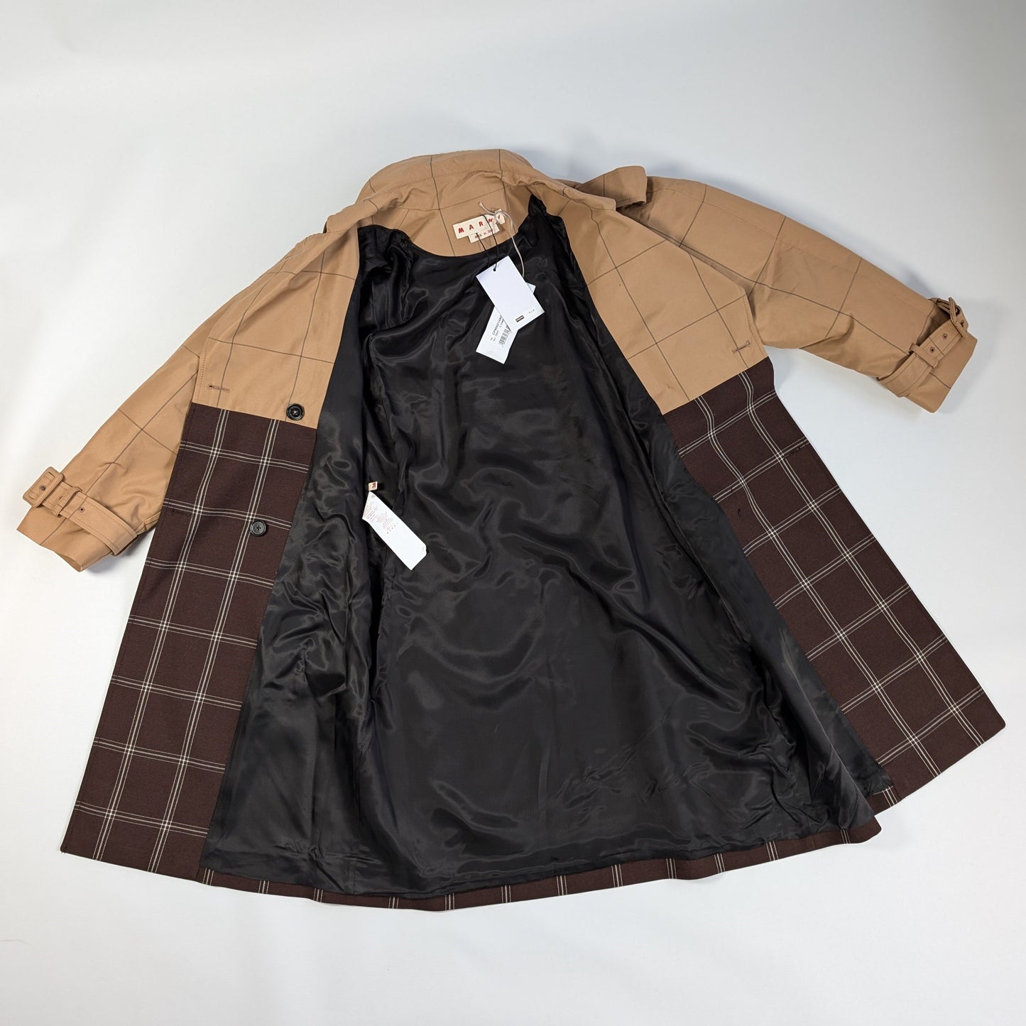 Marni Checkered Two-Tone Trench Coat, Size 38