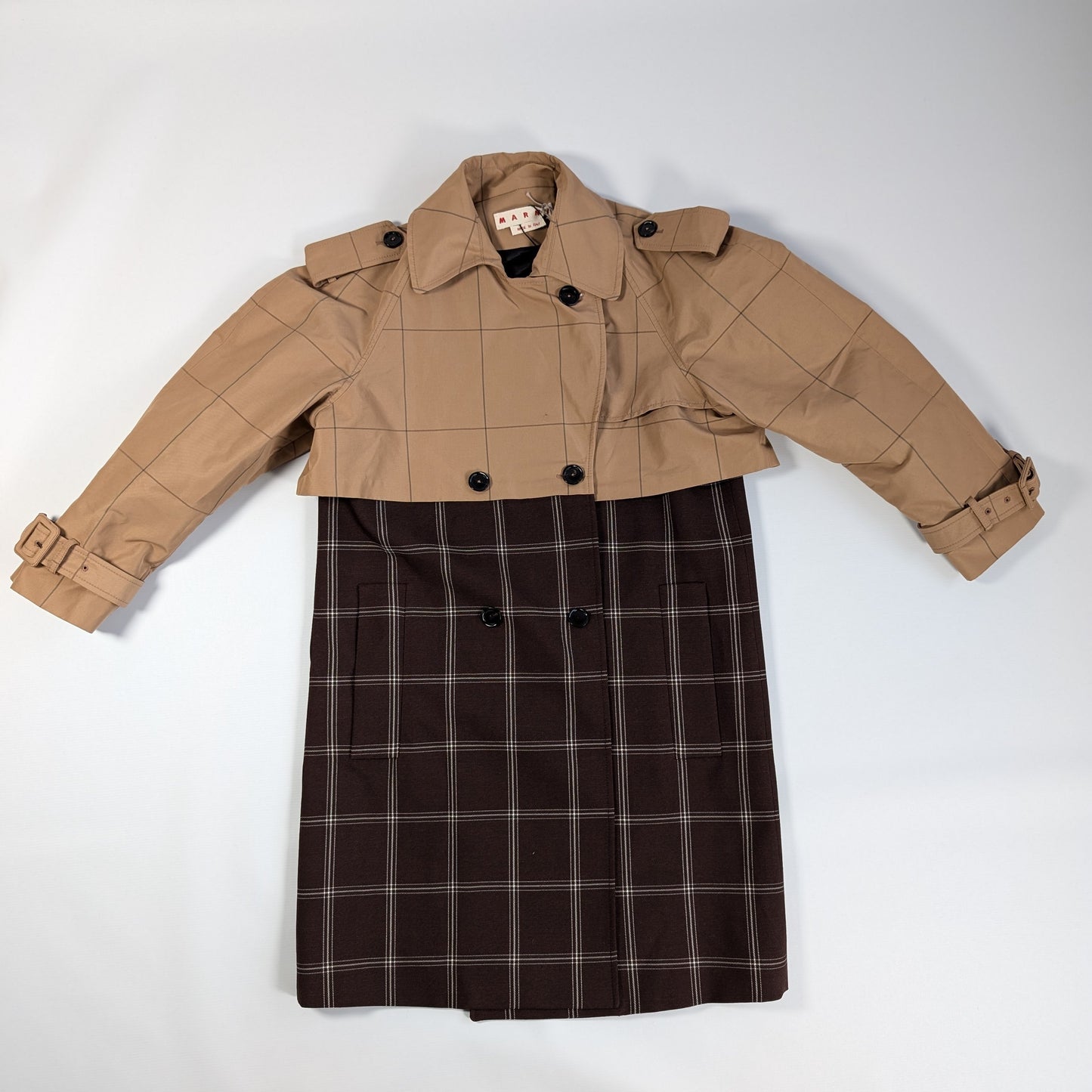 Marni Checkered Two-Tone Trench Coat, Size 38
