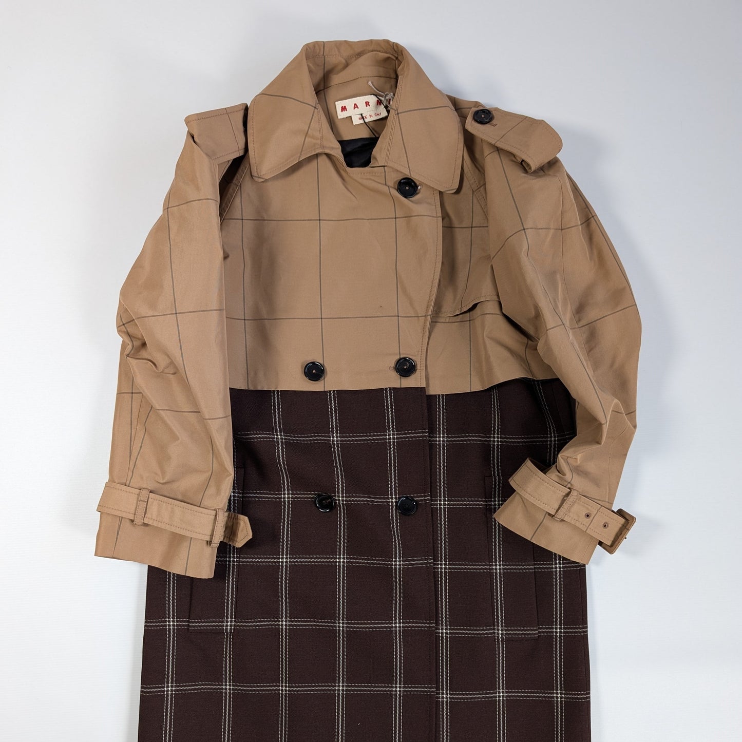 Marni Checkered Two-Tone Trench Coat, Size 38