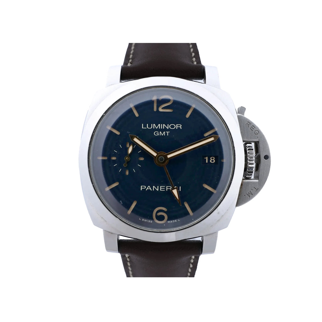Panerai Luminor 1950 3 Days GMT PAM00688 stainless steel watch with blue dial, date window, small seconds subdial, signature crown guard and dark brown leather strap.