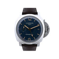 Panerai Luminor 1950 3 Days GMT PAM00688 stainless steel watch with blue dial, date window, small seconds subdial, signature crown guard and dark brown leather strap.
