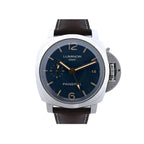 Panerai Luminor 1950 3 Days GMT PAM00688 stainless steel watch with blue dial, date window, small seconds subdial, signature crown guard and dark brown leather strap.
