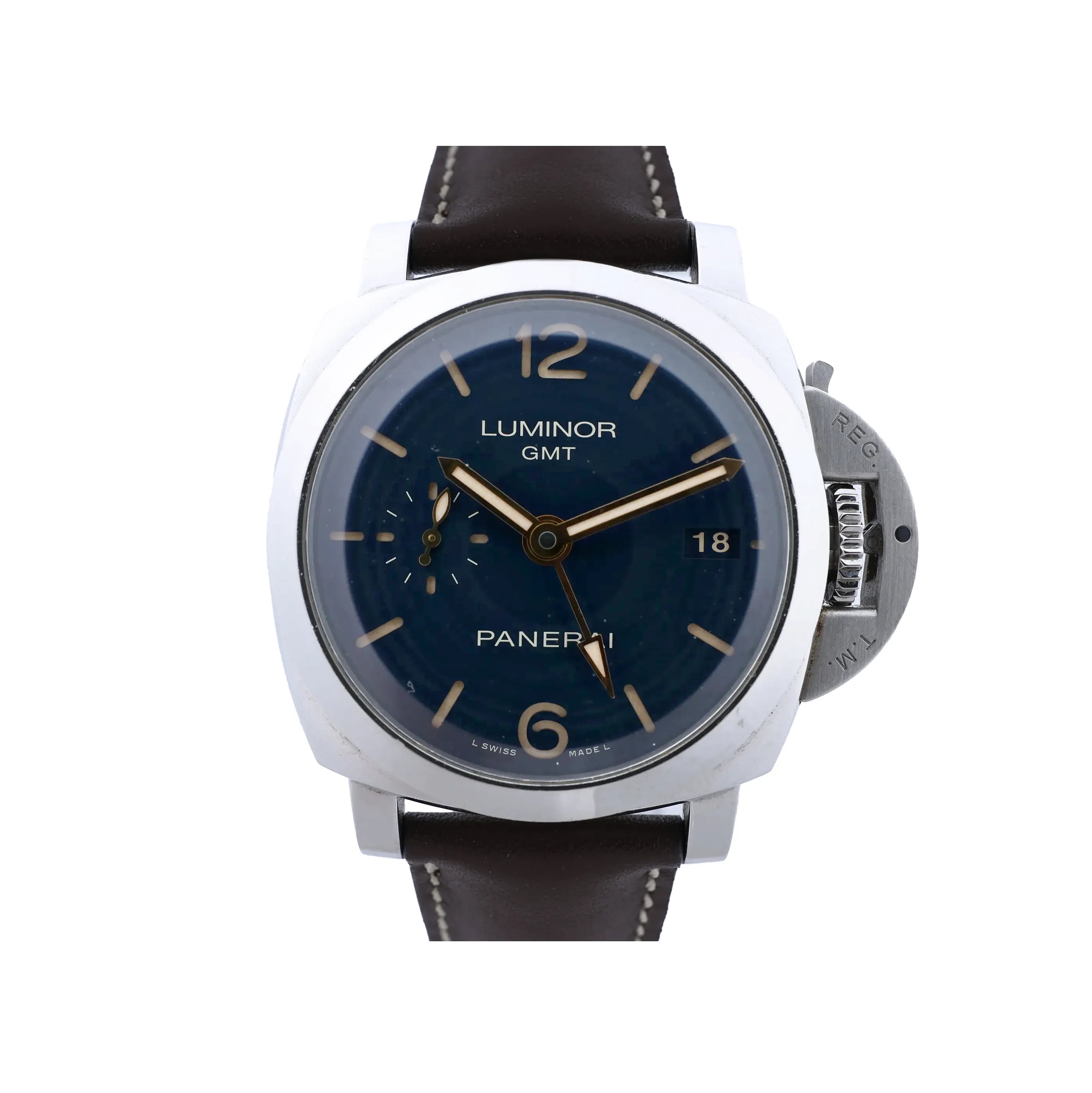Panerai Luminor 1950 3 Days GMT PAM00688 stainless steel watch with blue dial, date window, small seconds subdial, signature crown guard and dark brown leather strap.