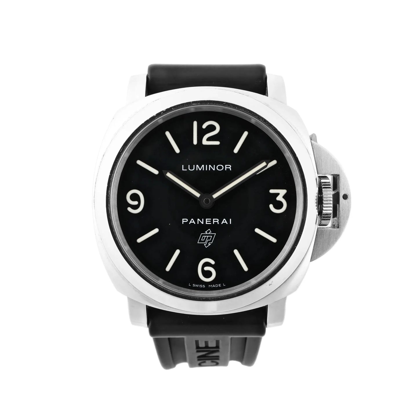 Panerai Luminor Base Logo PAM00000 watch with black dial, stainless steel case, black rubber strap, luminous markers, and signature crown guard lever